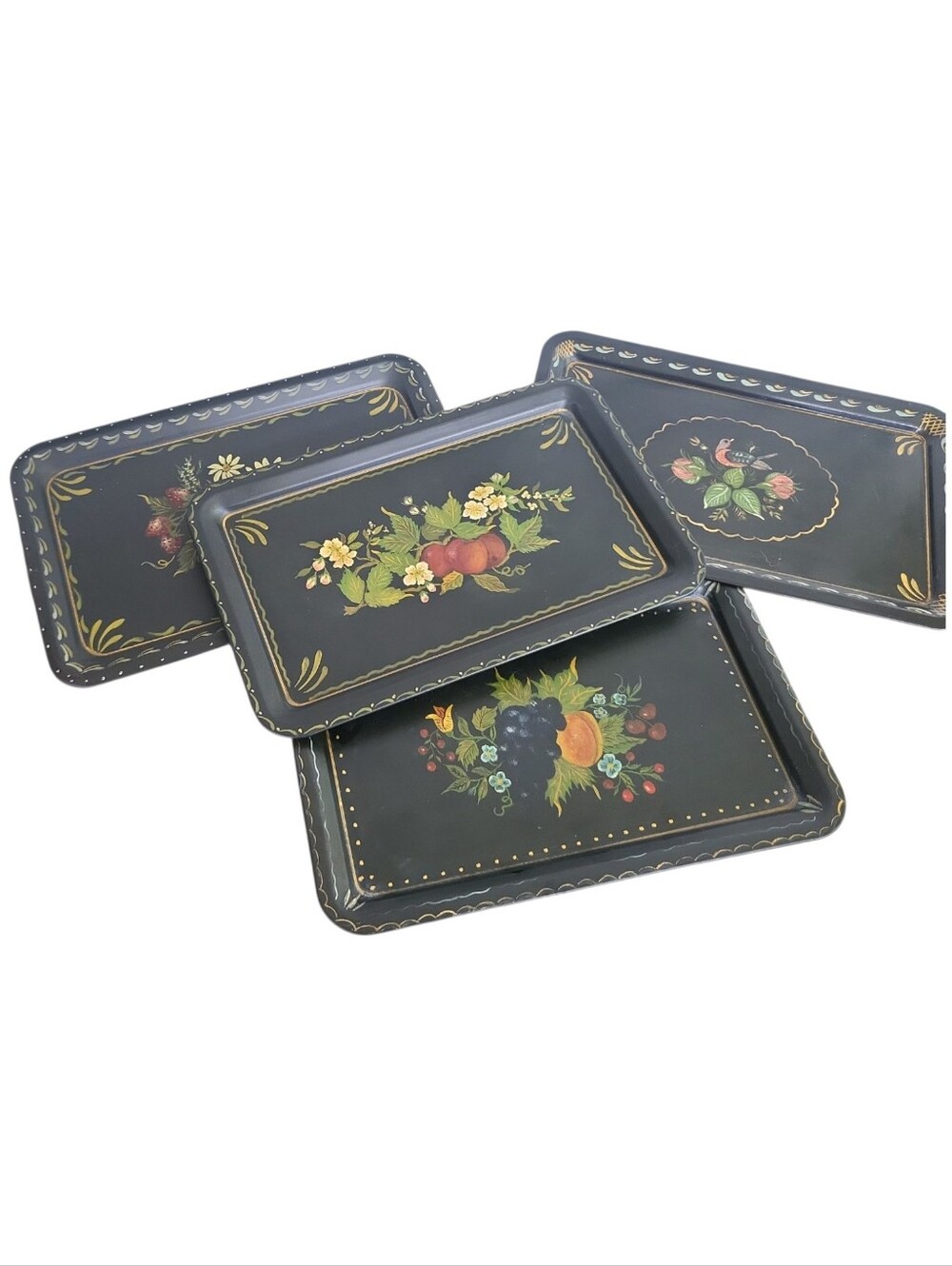 Vintage 50's Handpainted Toleware Fruit & Folk Bird Trays Set Of 4 11" X 7" Each